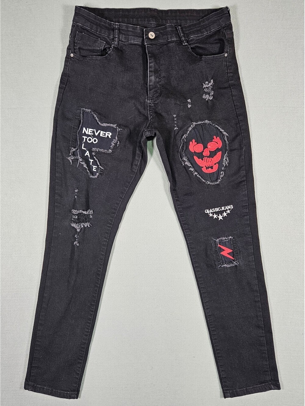 Black Distressed Skull Patch Skinny Jeans Size 34